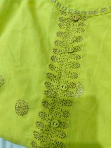 Melange lime yellow greenish Embroidered Kurta