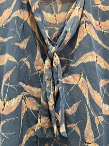 Sheer Blue Print Tie Neck Top