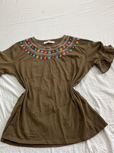 Embroidered Brown Tunic Top