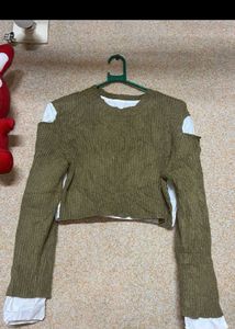 Olive Green Knit Cold Shoulder Sweater
