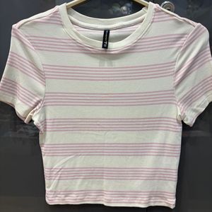 Cream & Pink Striped Cropped Tee