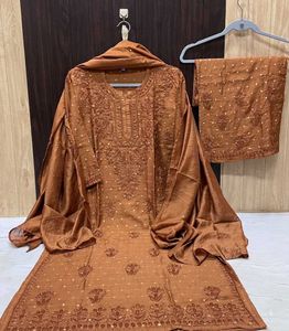 Premium Dot Chanderi Lucknowi Chikankari 3-Pcs Set