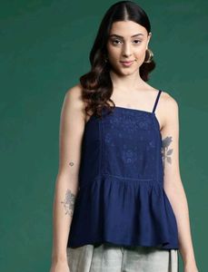 Navy Blue Peplum Top with Embroidery