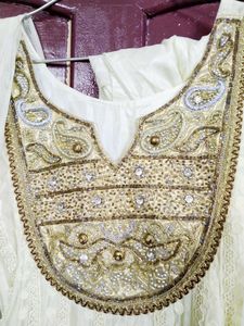 Elegant White &amp; Gold Embroidered Anarkali Dress