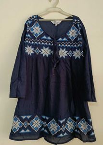 Embroidered Blue Cotton Kurta Top