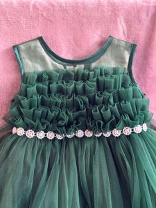 Bottle Green Glittery Net Birthday Frock
