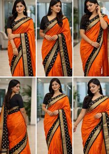 Elegant Orange Saree with Black & Gold Border