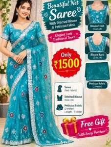 Free gift 🎁 & Beautiful Blue 🩵 Net Saree