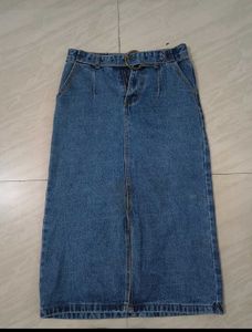Belted Denim Midi Skirt