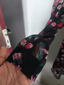 Floral Printed Full Sleeve Buttoned A Line Dress.