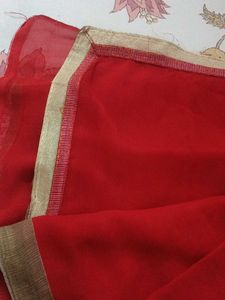 Beige Saree with Peacock Print &amp; Red Blouse