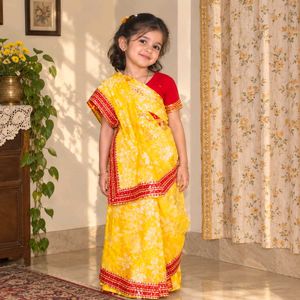 Kids Yellow Floral Net Saree