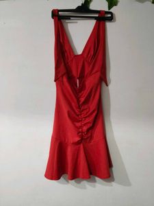 Elegant Red Ruched Halter Dress