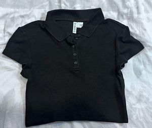 Black Ribbed Polo Crop Top