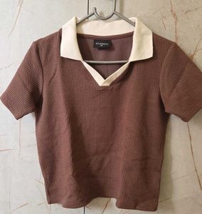 Brown Textured Collared Cropped Top