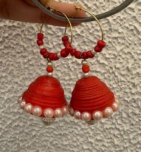 Red Jhumka Earrings with Pearls