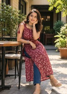 Stylish Maroon Printed Sleeveless Kurta