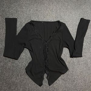 Black Ribbed Lace Trim Cardigan