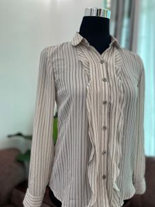 Elegant Striped Blouse &amp; Navy Trousers Set