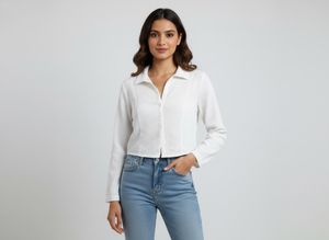 White Textured Cropped Shirt
