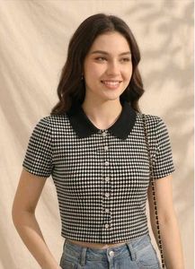 Chic Black & White Checkered Cropped Polo Shirt