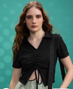 Black tie Ruched Collared Top