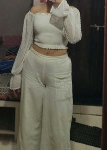 White Off-Shoulder Smocked Crop Top