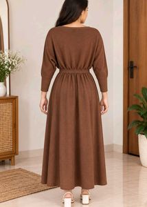 Brown Ribbed Knit Midi Dress