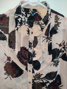 Sheer Floral Print Button-Up Blouse