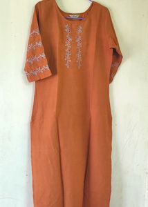 Dark Peach Kurti With Embroidery
