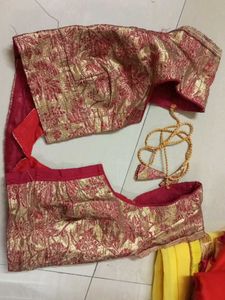 Vibrant Red Saree with Golden Blouse