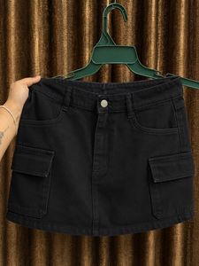 Black Cargo Denim Skirt