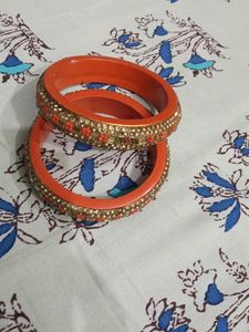 Exquisite Orange &amp; Gold Embellished Bangles