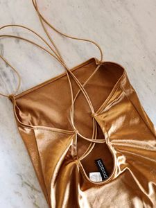 H&amp;M Elegant Gold Satin Maxi Dress with Slit