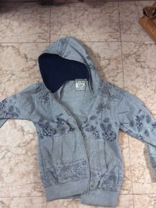 Gray Floral Print Zip-Up Hoodie