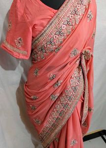 Beautiful Embroidered Peach Saree 🤩