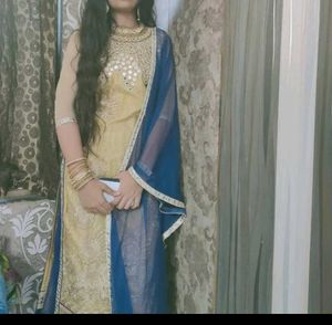 Elegant Gold Kurta Set with Blue Dupatta