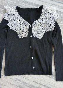 Elegant Black Cardigan Lace Collar,korean