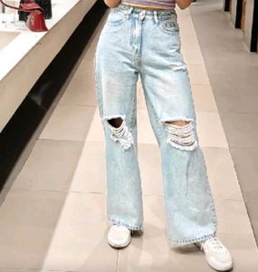 Light Wash Ripped Wide Leg Jeans