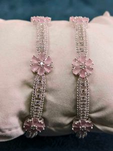 Elegant Pink Flower pure silver Bangles