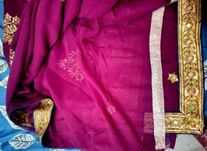 Elegant dark megenta Saree with Gold Embroidery