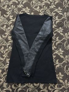 Chic Black Top with Faux Leather Sleeves