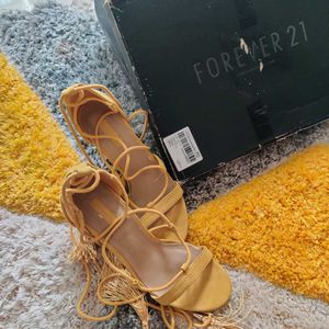 Mustard Yellow Lace-Up Block Heels