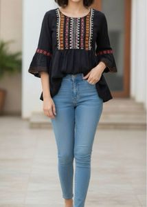 Embroidered Black Tunic Top