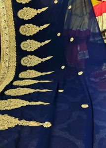 Embroidered Royal Blue &amp; Cream Saree