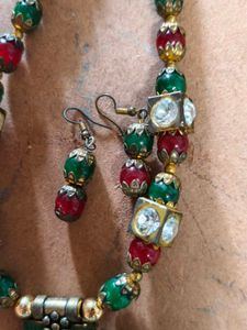 Green &amp; Red Beaded Necklace with Earrings