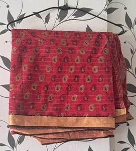 🍁Cotton Silk Printed Red Saree with Zari Border