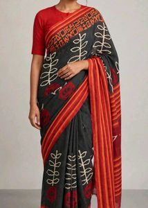 Linen cotton Printed carbon Black Saree