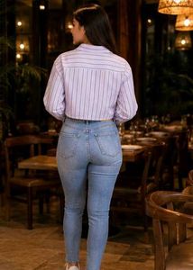 Lavender Striped Cropped Button-Up Shirt