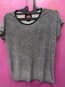 Sparkling Grey Top with Rhinestone Detail